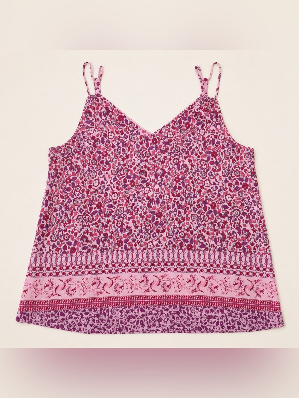 Cabi XL Pink Floral Boho Cami Tank Top Border Print Sleeveless Blouse